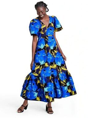 Christopher John Rogers x Target Blue Floral Tiered Puff Sleeve Maxi Dress Sz 6